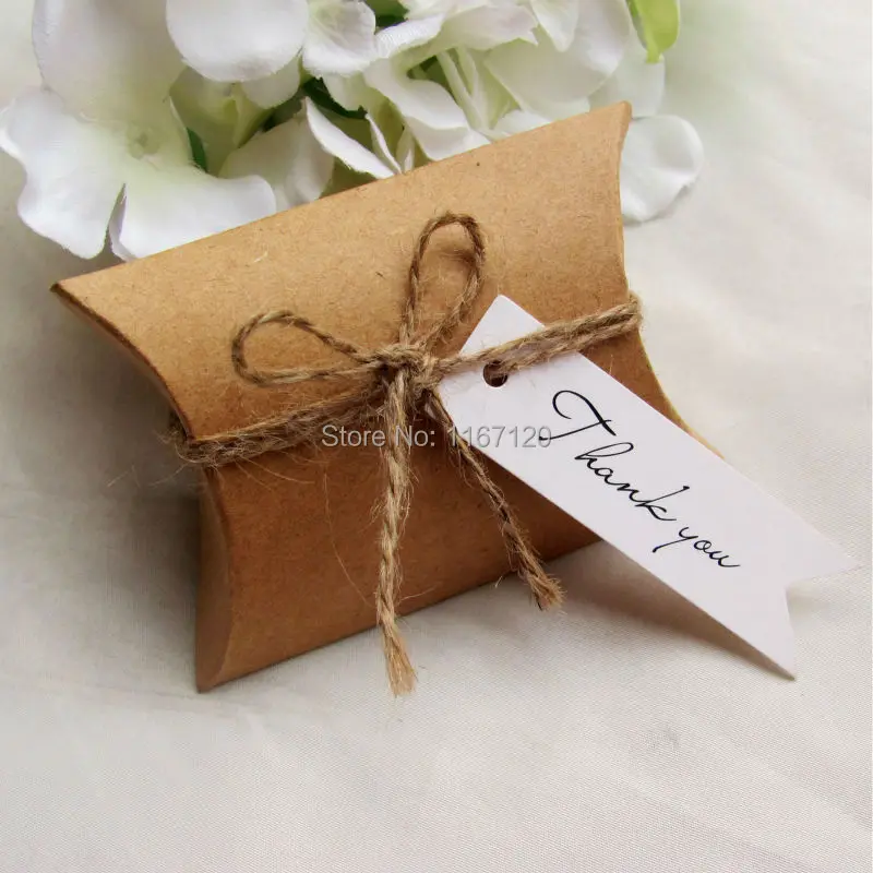 

65sets Kraft Paper Pillow Box With Thank You Gift Tags Wedding Party Favor