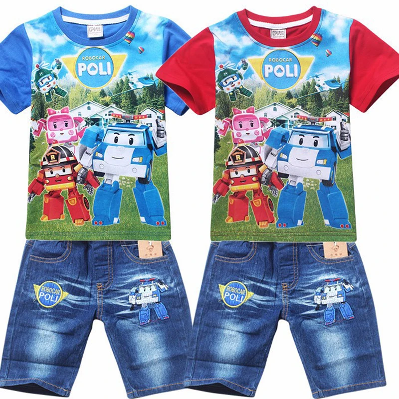 

2018 Summer POLI ROBOCAR Children Boys Clothing Sets Baby Kids suit for boys Shirt Jeans Shorts Pants Cotton Cartoon Clothes Set