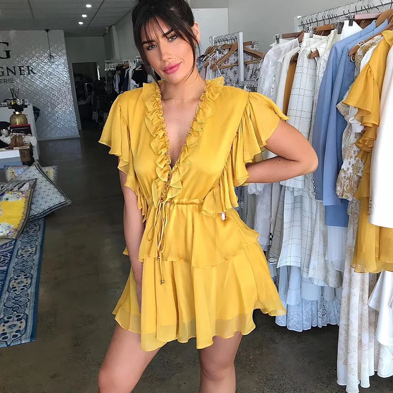 2019 New Fashion Yellow White V-neck Ruffle Drawstring Mid Dress