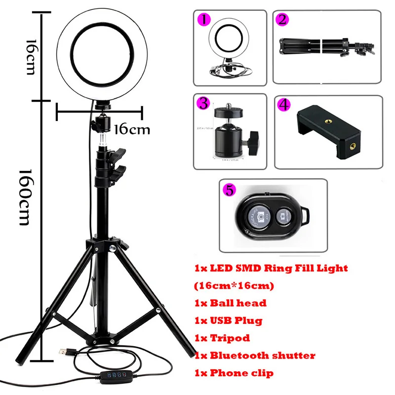 Светодиодный светильник-кольцо для фотосъемки камеры селфи Youtube видео фотостудия светильник Rnglamp со штативом зажим для телефона Bluetooth Автоспуск - Цвет: Синий