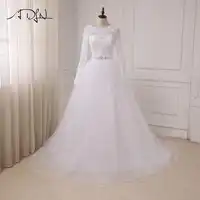 ADLN Cheap White/ Ivory Wedding Dresses Applique Lace Tulle A-line Long Sleeves Arabic Bridal Gowns Back Zipper with Buttons