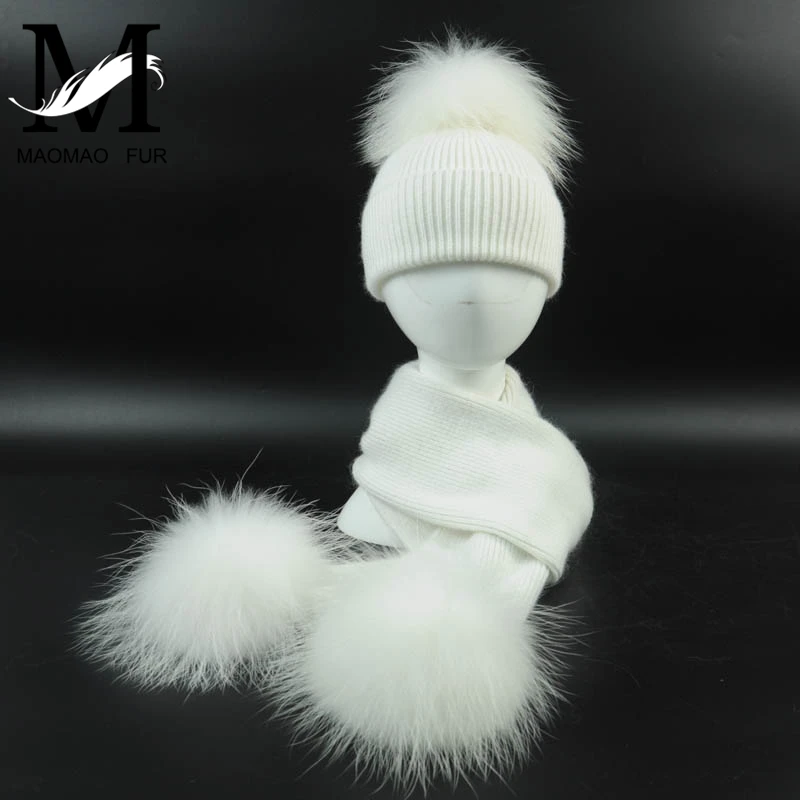 New Fashion Children's Wool Knit Hat Scarf 2 Pieces Set Winter Warm Kids Baby Boy Girl Raccoon Fur Pom poms Soft Hat Scarves