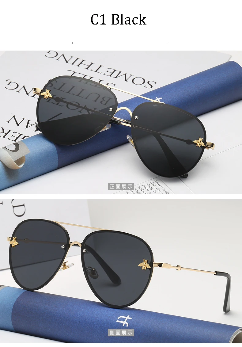 Роскошные брендовые дизайнерские женские солнцезащитные очки без оправы, авиационные женские солнцезащитные очки, градиентные оттенки, маленькая пчелка, линзы для девушек, UV400 лучи