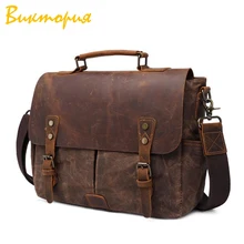 CHARA'S brand Crazy-horse leather handbag men's Oil wax canvas Messenger bag men Business Travel bags Retro waterproof bag aetoo new men s bag casual shoulder bag oil wax canvas with crazy horse leather bag waterproof messenger retro camera bag