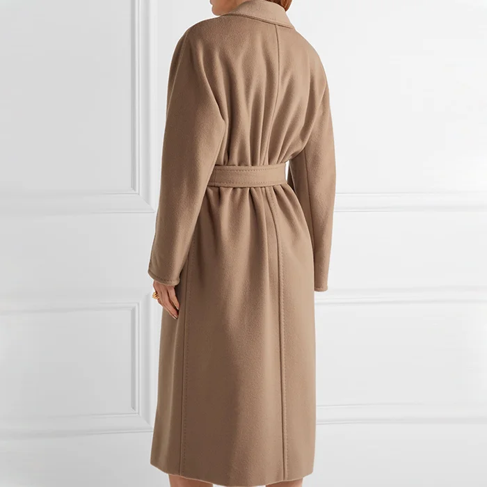 Зимнее женское Шерстяное Пальто элегантное теплое длинное офисное пальто верблюжьего цвета двубортное модное женское пальто с поясом