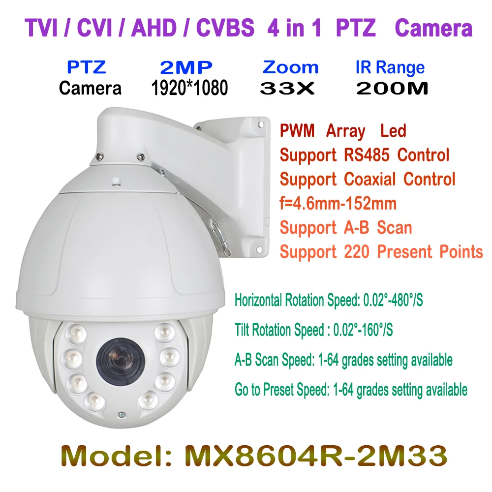 

33X Zoom 4 In 1 CVI TVI AHD PTZ Camera 1080P CCTV Camera, IP66 Waterproof long Range IR 200M Security Speed Dome Camera With OSD