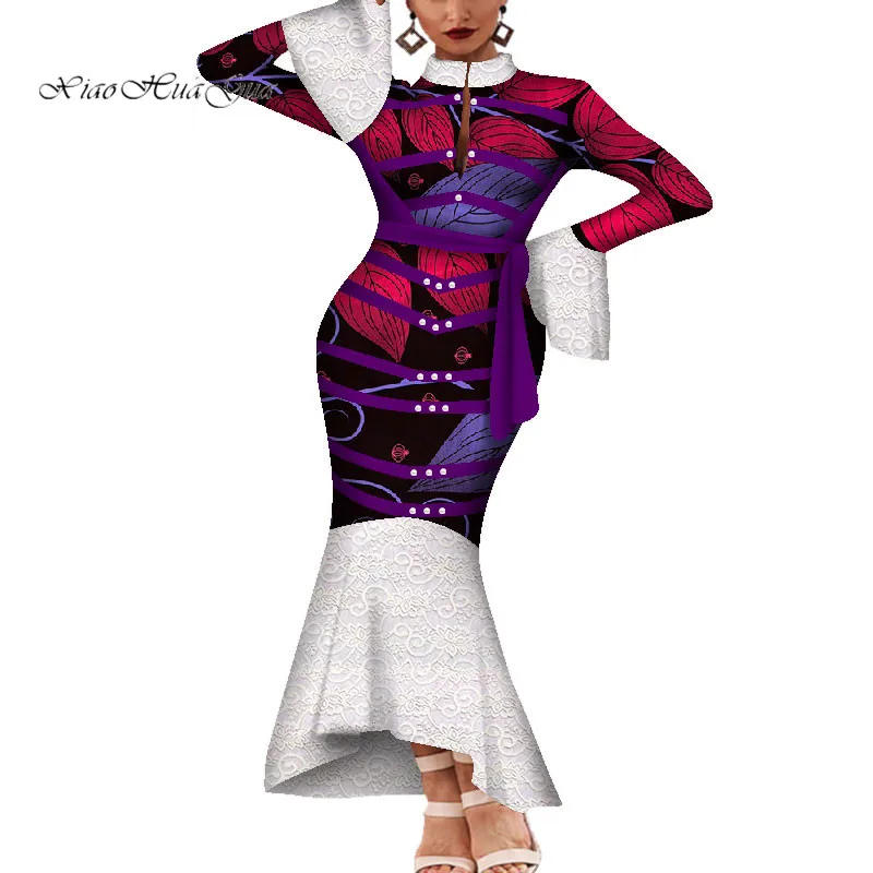Dashiki Women's Dress Cotton Print and White Lace Patchwork Traditional African Clothing Fishtail Clothing for Women WY4763