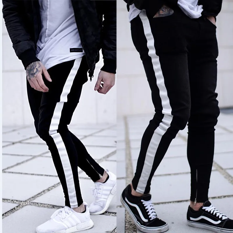 QoolXCWear side striped Skinny Jeans For Men Hip Hop Slim Zipper Men Jeans Fit Brand Biker Style Tight Jeans