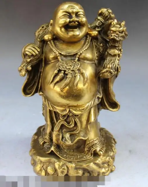 

S4720 8" Chinese Bronze Stand Happy Laugh Maitreya Buddha Money Dragon Ru Yi Statue