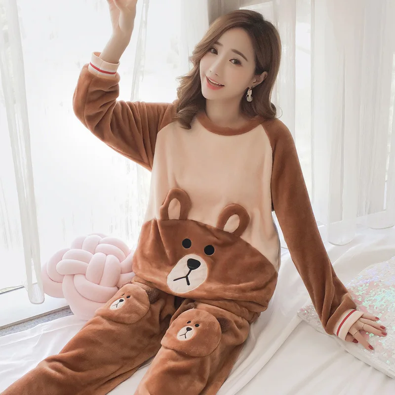 Зимняя Пижама женская Толстая теплая Фланелевая пижама Толстая Пижама-медведь женский клетчатый костюм Женская Повседневная Теплая Бархатная одежда