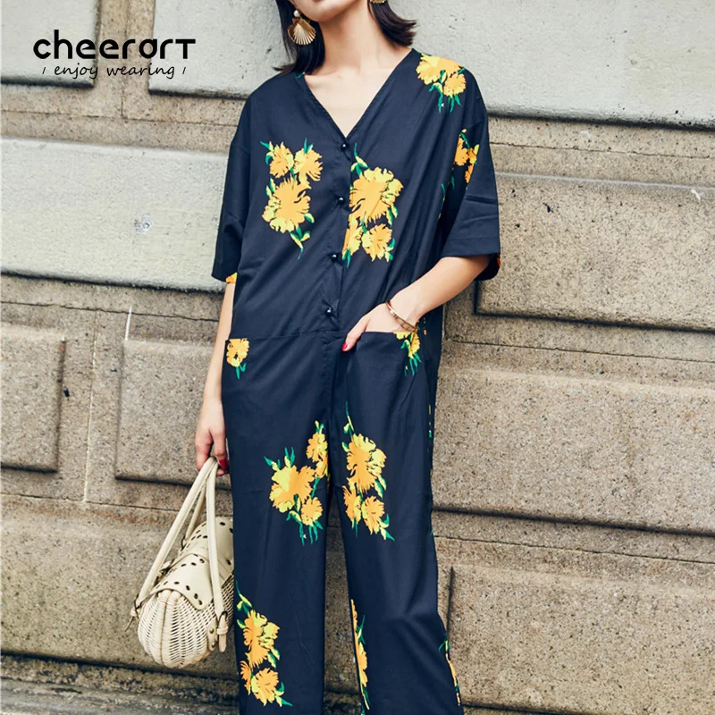 

Cheerart 2017 V Neck Black Summer Jumpsuit Long Playsuit Women Yellow Floral Print Loose Ladies Overalls Female Bodysuit