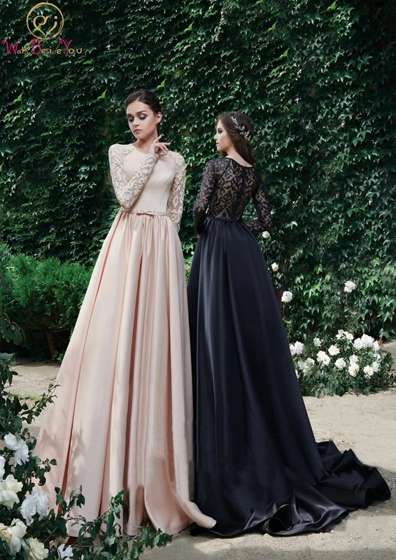 

Champagne Prom Gown Simple Vintage Lace Satin Full Length Sleeves A-line Sweep Train Capped Pockets O-neck Elegant Evening Dress