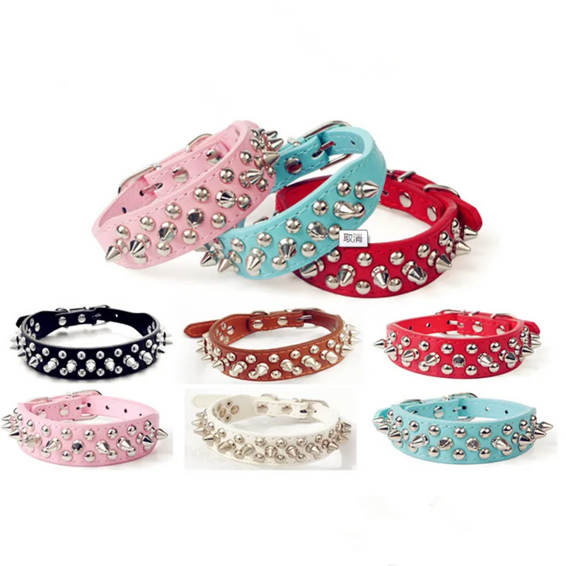 

Punk Style Spiked Pet Dog Collar Round Bullet Nail Rivet Studded Collar Neck Strap small dog Collar PU Leather Pet roducts