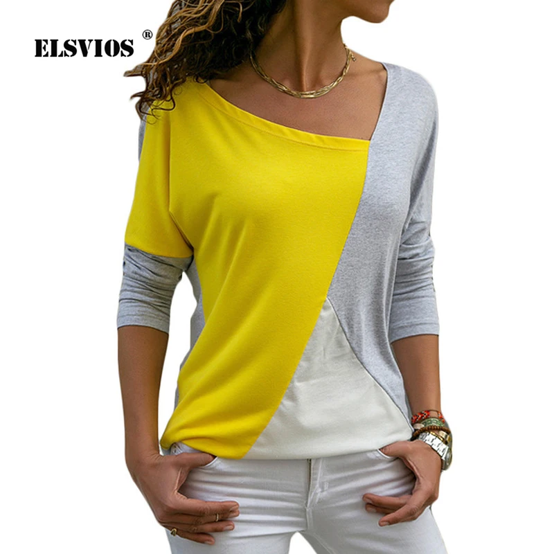 

ELSVIOS Elegant Office Patchwork Shirt Blouses Women 2019 Casual Long Sleeve Blouse Skew Collar Slim Basic Tops Tee Blusas 2XL