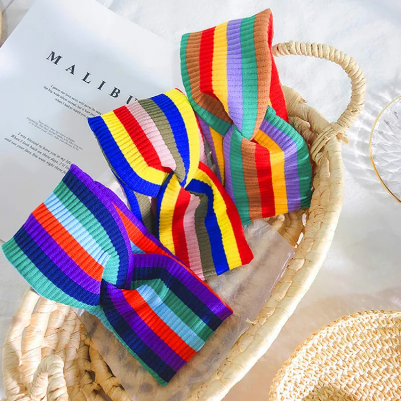 

2019 Rainbow Hair Band Girls Heasbands Vintage Cross Knot Elastic Hair Bands Soft Sweet Girls Hairband Hair Accessories Gifts