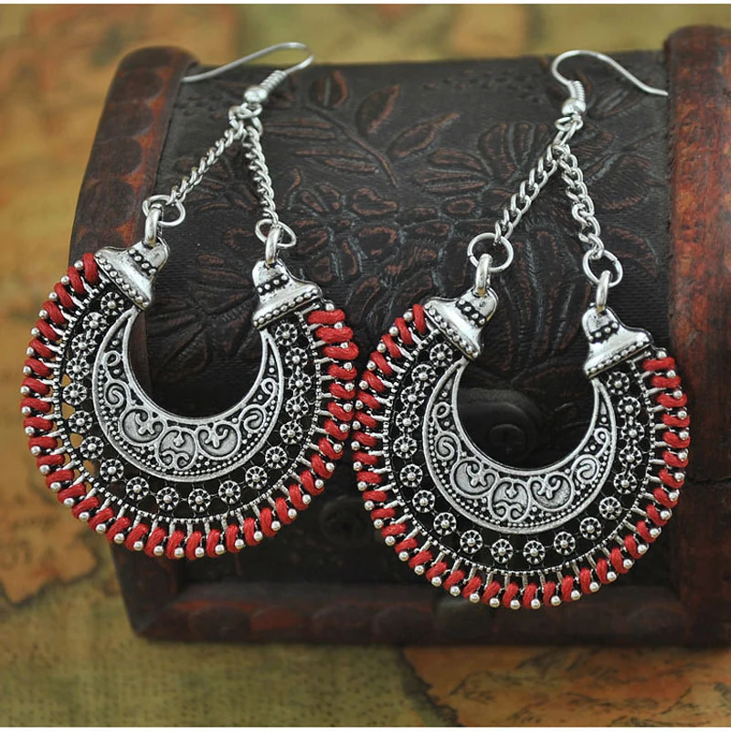 2016 Fashion Boho Long Drop Earrings For Women Jewelry Vintage Silver Carved Ethnic Power Bohemian Earrings Rope Wrap Earrings