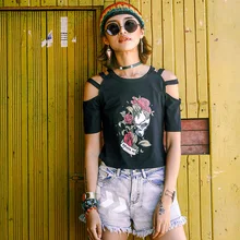 Летняя Женская Хиппи Повседневная тонкая футболка с круглым вырезом и принтом черепа розы, эластичная трикотажная хлопковая короткая черная футболка