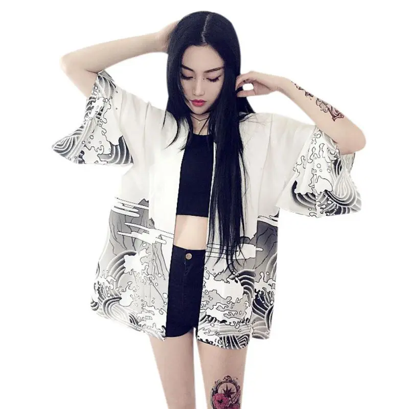 2018 Vintage Japanese Harajuku Style Waves And Wind Dragon Japanese Kimono Print Cardigan Summer Women Clothings Blouse