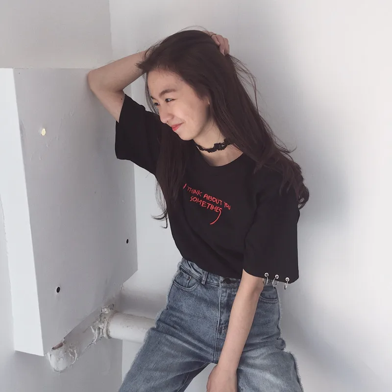 THINK ABOUT YOU иногда Harajuku Лоскутная металлическая пряжка размера плюс свободная футболка больше размера панк готические футболки корейские