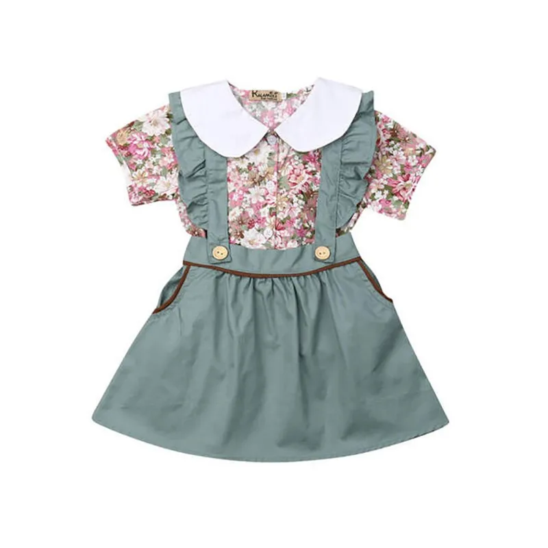 Новинка, пуловер с круглым вырезом повседневный, Размеры S/M/L/XL, летний комплект для маленьких девочек с милым цветочным принтом, топ с короткими рукавами и юбка, комплект детской одежды из двух предметов