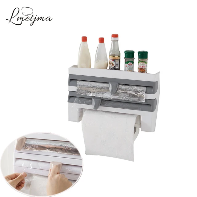 Lmetjma 3 In 1 Wall Mounted Kitchen Cling Film Rack With Lmetjma 3 In 1 Wall Mounted Kitchen Cling Film Rack With Cutters Plastic