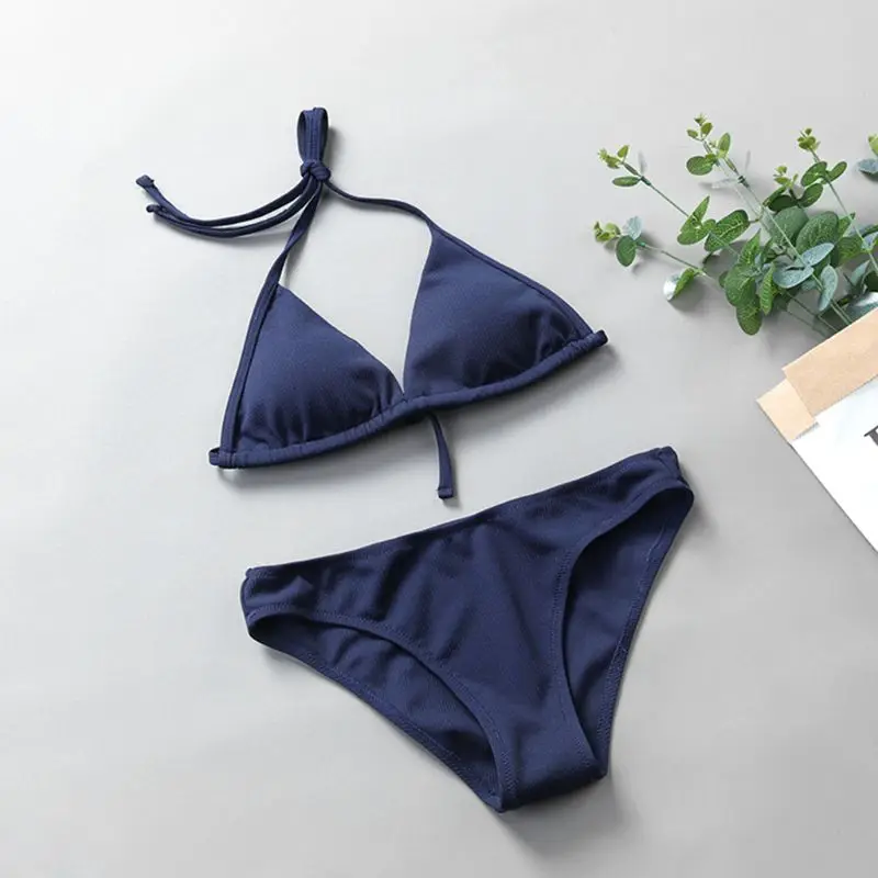 

Women Sexy Two Piece Bikini Set Halter Lace Up Deep V-Neck Triangle Bra Low Waist G-String Thread Vertical Stripes Solid Color S