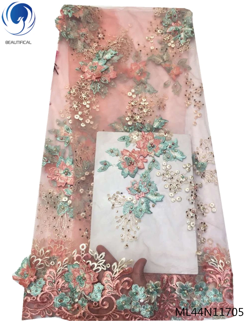 

BEAUTIFICAL beaded net lace fabrics rhinestones african 3d tulle lace fabric 2019 3d french lace nigerian material 5y ML44N117