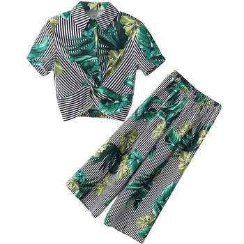 

Set female 2019 summer new temperament stylish striped short-sleeved shirt +nine wide leg casual pants elegant fashion two-piece