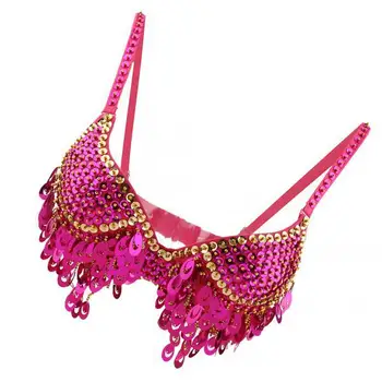 

Belly Dance Beaded Bra Sequins Top Dancing Singer Costume Tassels Pink