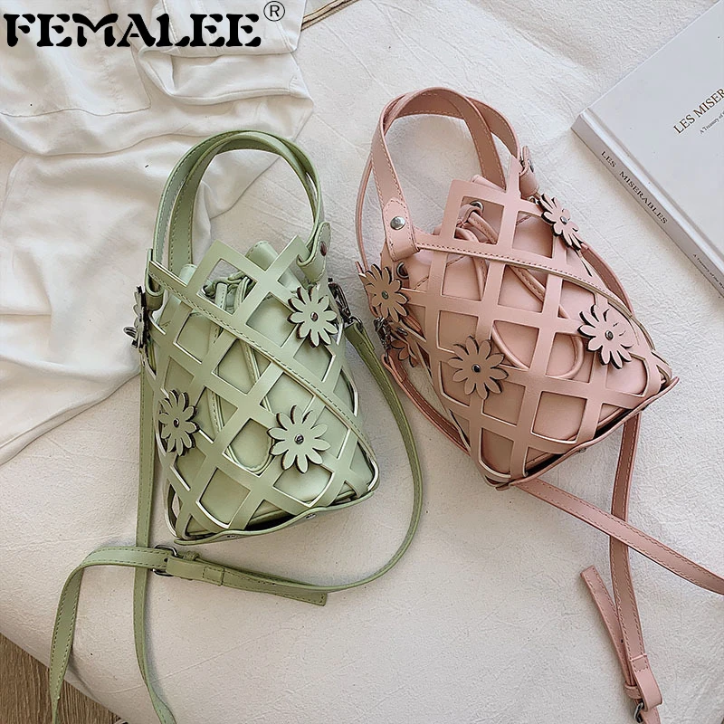 

FEMALEE Luxury Designer Bucket Bags Hollow Handbags Elegant Crossbody 2 Piece Women Shoulder Bag Lady Flower 2019 Messenger Bags