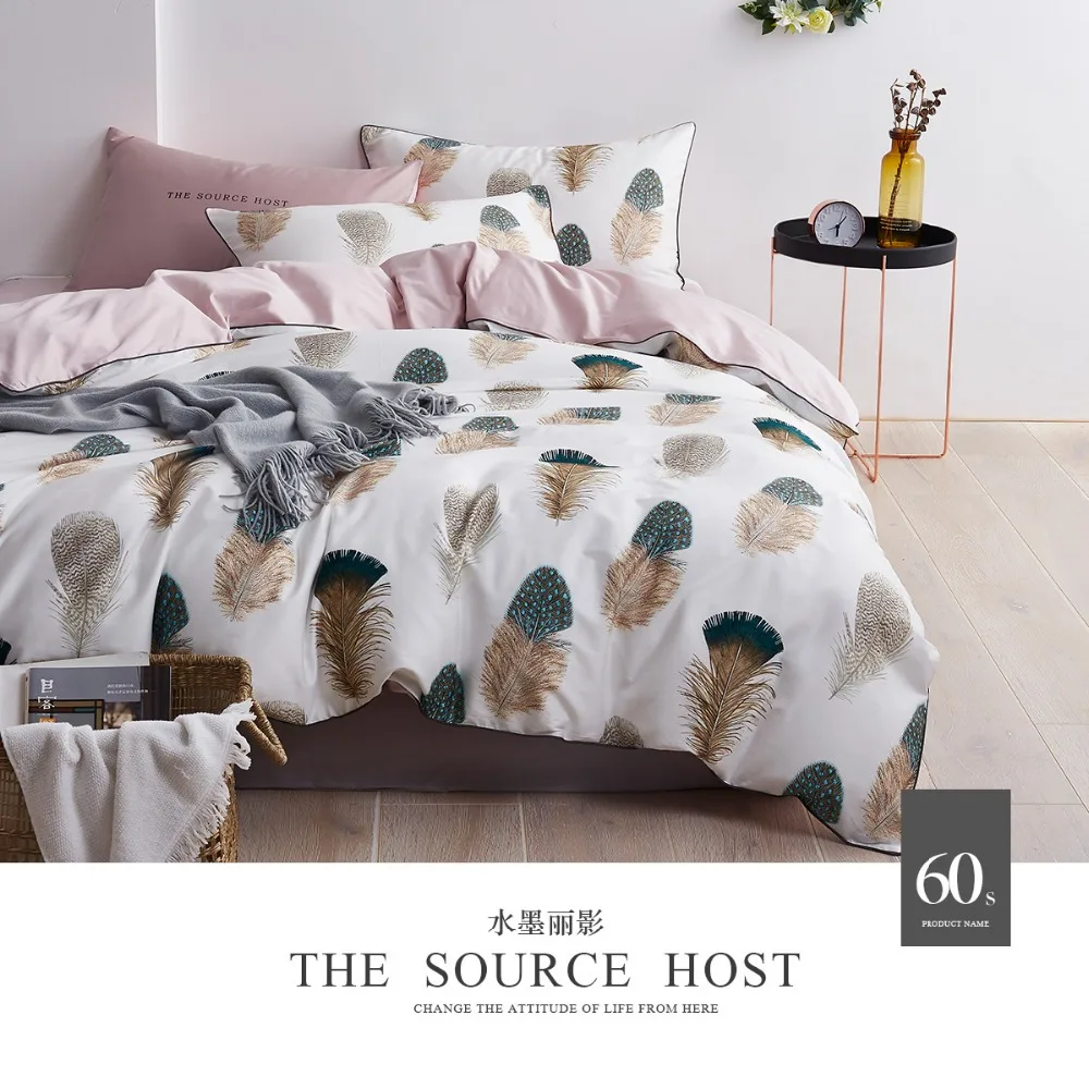 

60S egyptian cotton bed linen 4pcs feathers printed bedding set cotton bed sheet set quilt duvet covers shams double queen size
