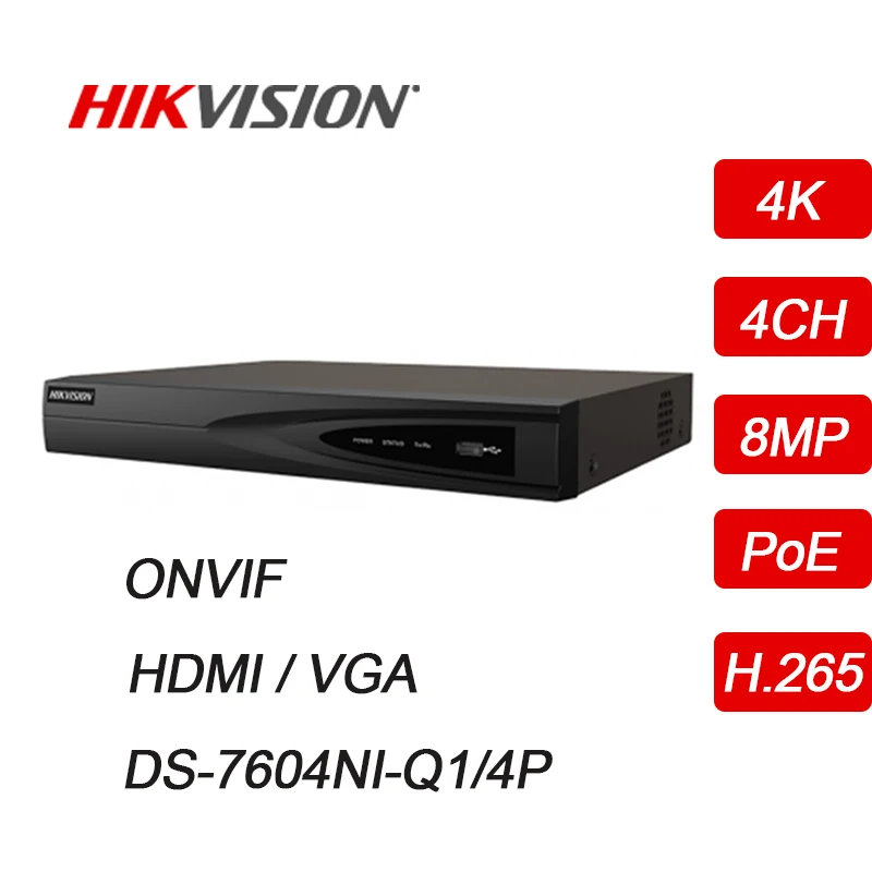 

Hikvision 4CH PoE NVR H.265 4K 8MP HDMI/VGA ONVIF Plug and Play Network Video Recorder IP Camera CCTV System DS-7604NI-Q1/4P