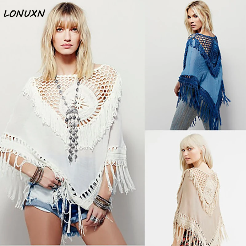 الشاطئ هوك الأوروبي مهدب النساء مثير الدانتيل الأبيض بلوزة قميص المرأة قمم أنيقة جوفاء القطن بلوزة قمم الصيف الإناث بلوزة