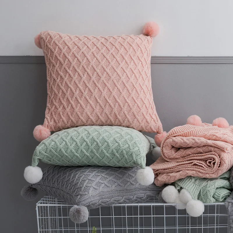 

Knitted Cushion Cover Solid Gray Pink Green Pillow Case With Pom Pom Balls 45*45cm Soft For Sofa Home Decorative Pillow Cover
