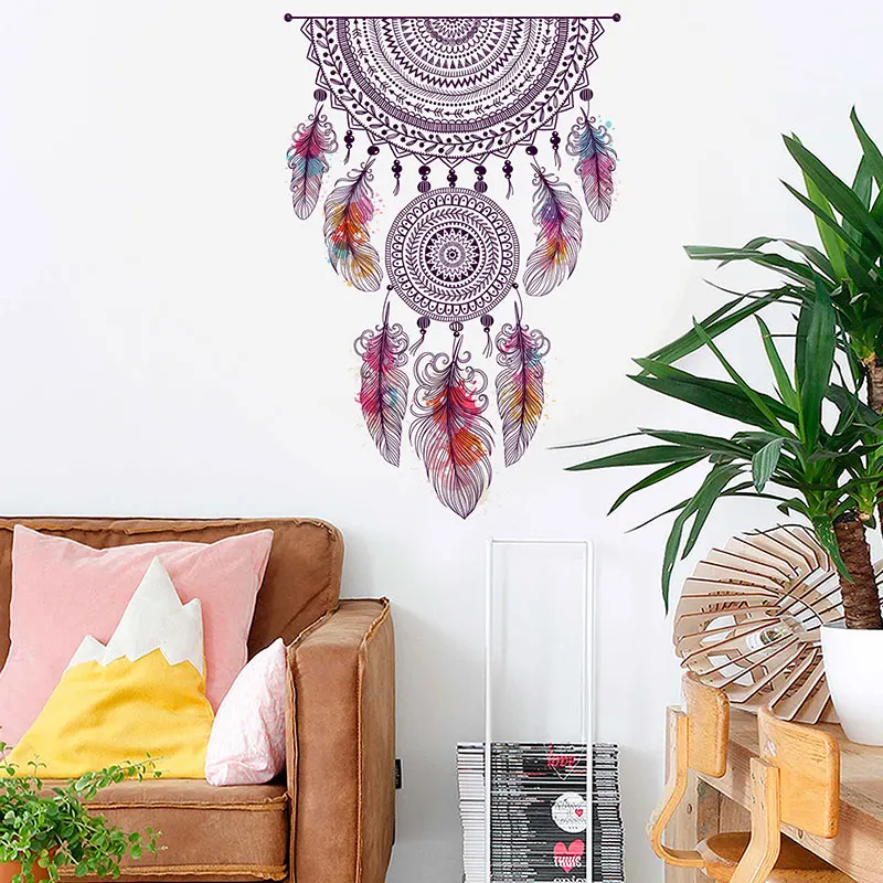 Retro Style Catch Monternet Dream Catcher Colorful Feather Wall Stickers Art Design for Living Room Bedroom Kids Room Wall Decal