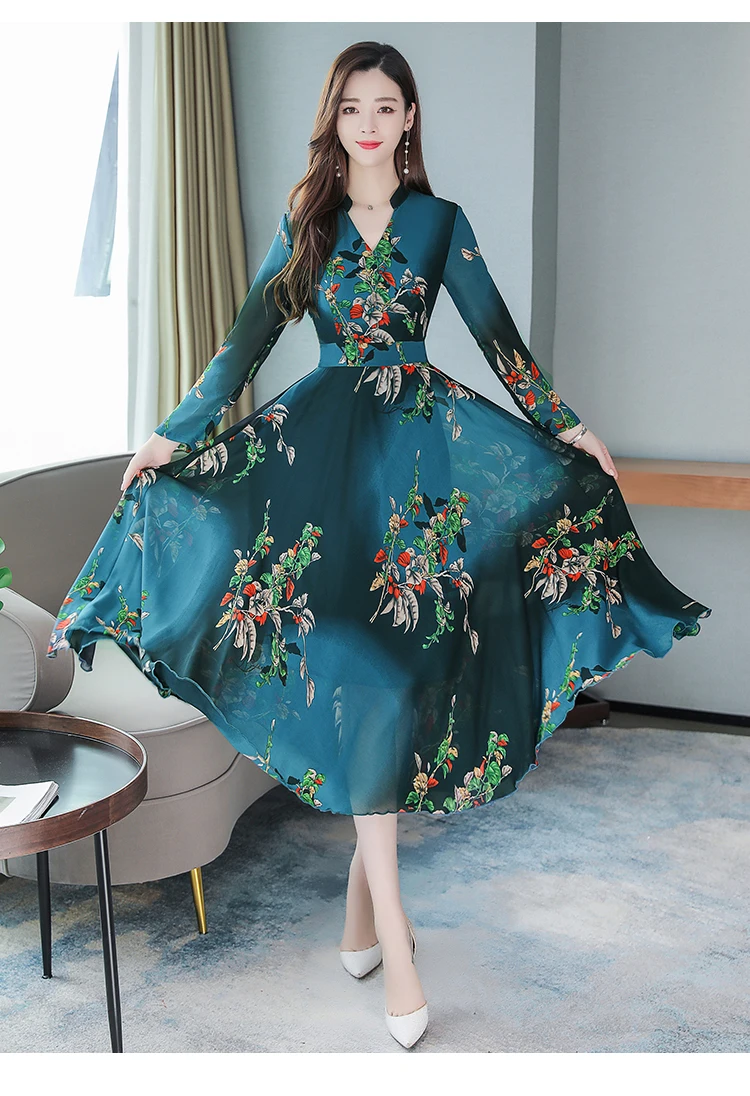Винтажное 3XL размера плюс платье макси с длинным рукавом осень зима цветочные шифоновые миди платья элегантные женские облегающие вечерние платья
