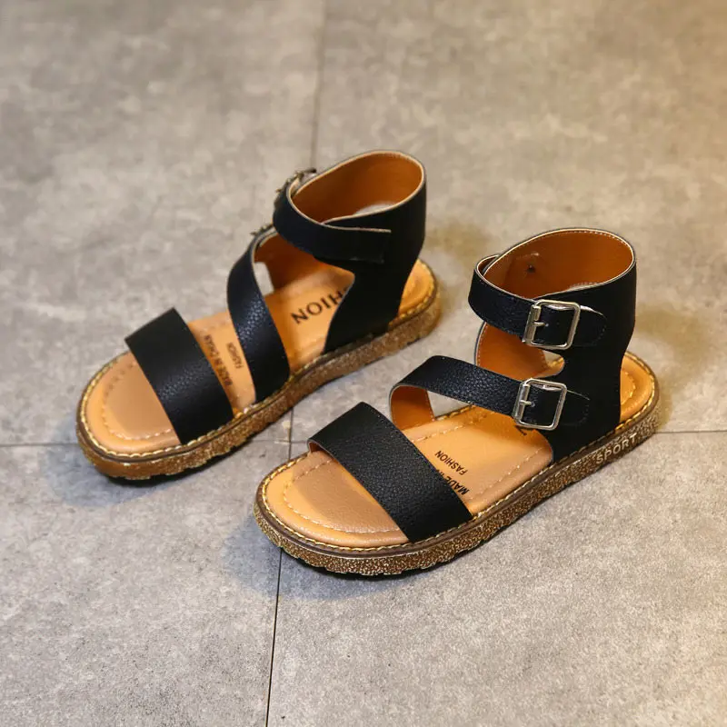 Летние новые детские сандалии, обувь на плоской подошве для девочек, Корейская версия римских сандалий с открытым носком для больших детей и студентов - Цвет: black