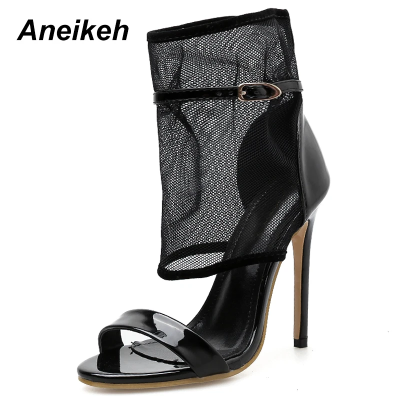 

Aneikeh 2019 PU Ankle Boots New Mesh Round Toe Open Buckle Strap Thin High Heels Black Sexy Fashion Women's Sandals Size 35-40