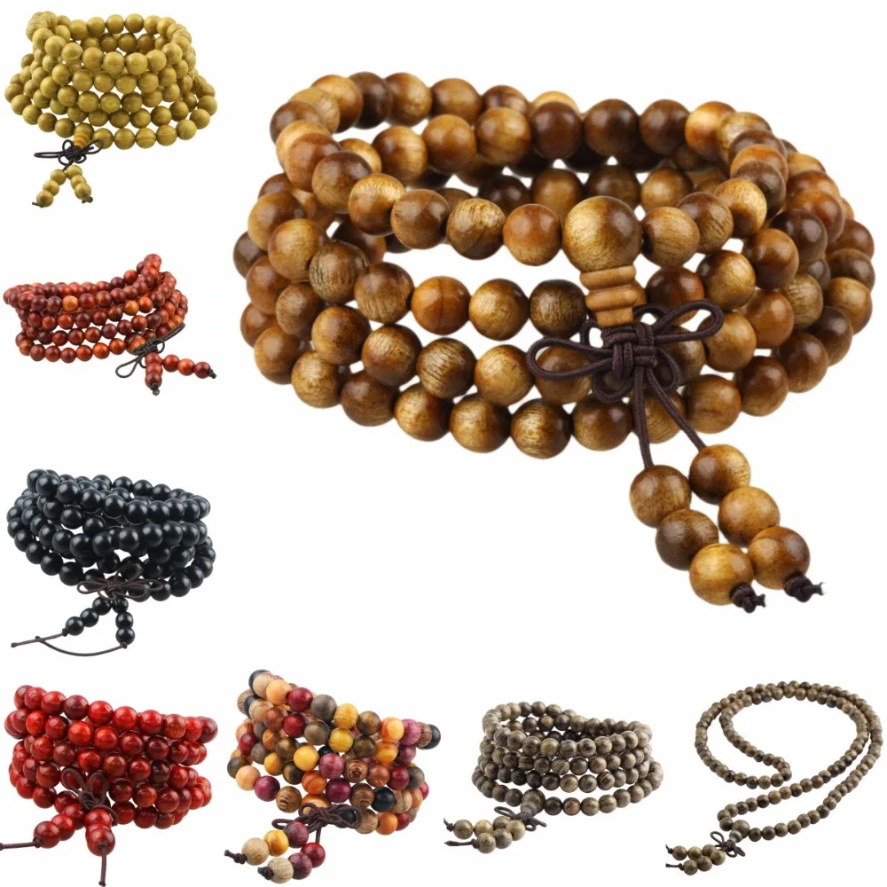 Sunyik 108 Natural Wood Beaded Tibet Buddhism Buddha Mala Prayer Beads