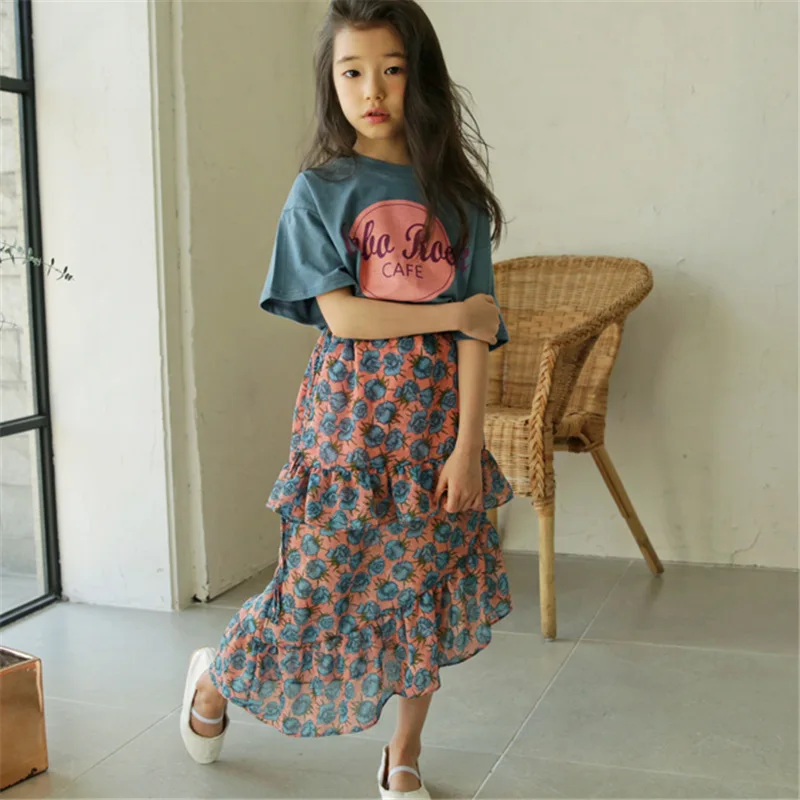 

2018 Boho Designs Vintage Kids Girls Clothing Set Children Floral Chiffon Skirt + Retro Tops Suit 2pcs Kids Clothes Set Suit
