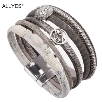 

ALLYES Multilayer Bracelets For Women Femme Crystal Vintage Wide Alloy Charm Leather Bracelets & Bangles Female Jewelry