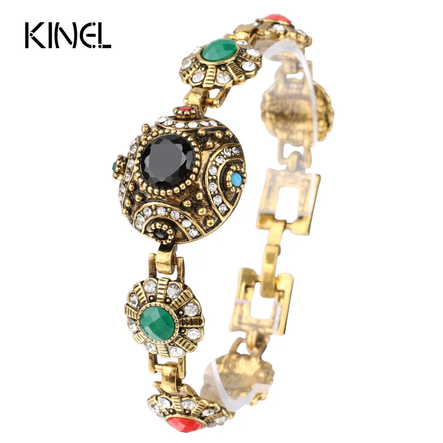 

2017 Fashion Bohemian Bangles For Women Alloy Color Ancient Gold Unique Black Resin Bracelet Vintage Jewelry Crystal Gifts