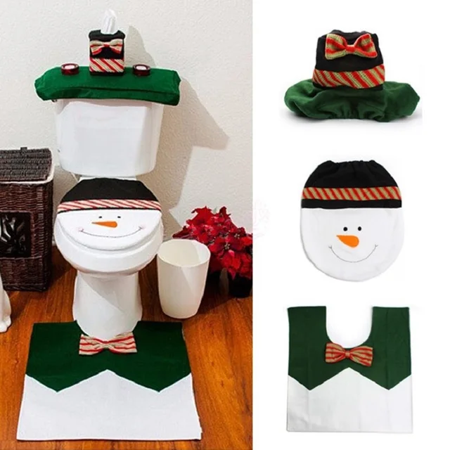 Christmas Bath Mat 3pc/set Snowman Toilet Seat Cover Bathroom Rug Carpet Tank Cover New Year Home Decorations Toilet Cover