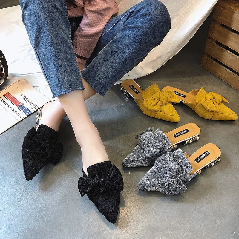 

2018 new Korean version of joker bow pointed slippers women's summer fashion flat with Baotou sandals and slippers