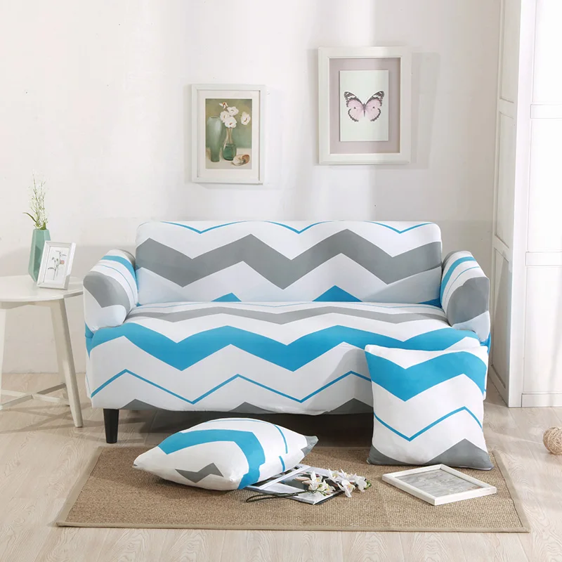 Blue And Grey Stripes Universal Stretch Furniture Covers For Living Room Single Double Three