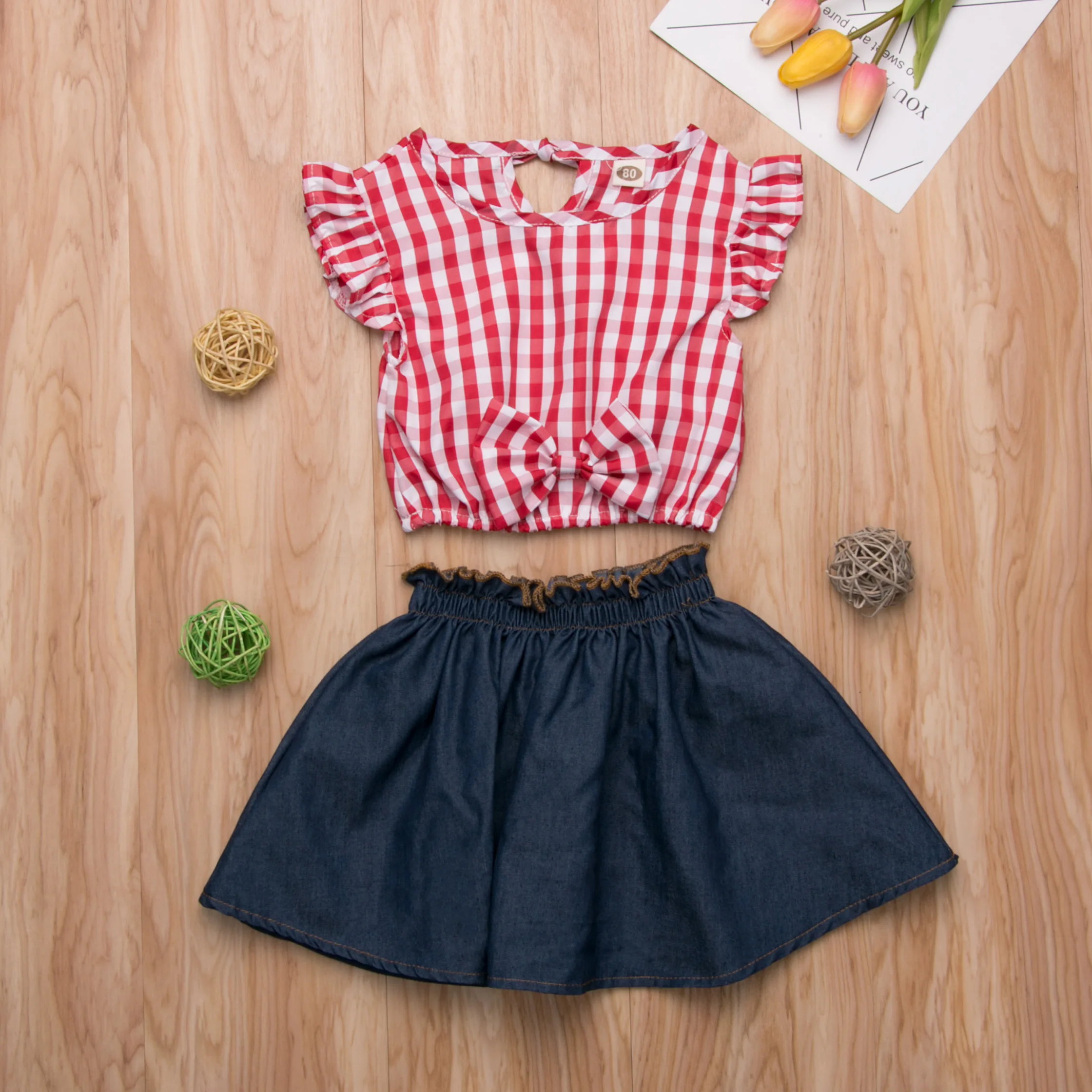 

2019 New 2PCS Fashion Girl Set 1Y-6Y USA Toddler Baby Girls Pliad Shirt Tops Summer Denim Skirts Outfits Clothes Set