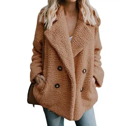 Зимнее толстое теплое плюшевое пальто для женщин с отворотом и длинным рукавом, пушистые меховые куртки с искусственным мехом, женские куртки с карманами на пуговицах размера плюс, пальто