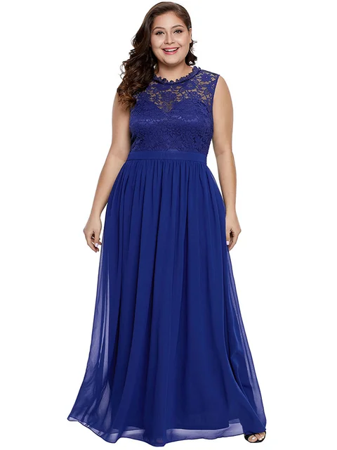 Enyuever Royal Blue Formal Dress Plus Size Women Summer Lace Chiffon