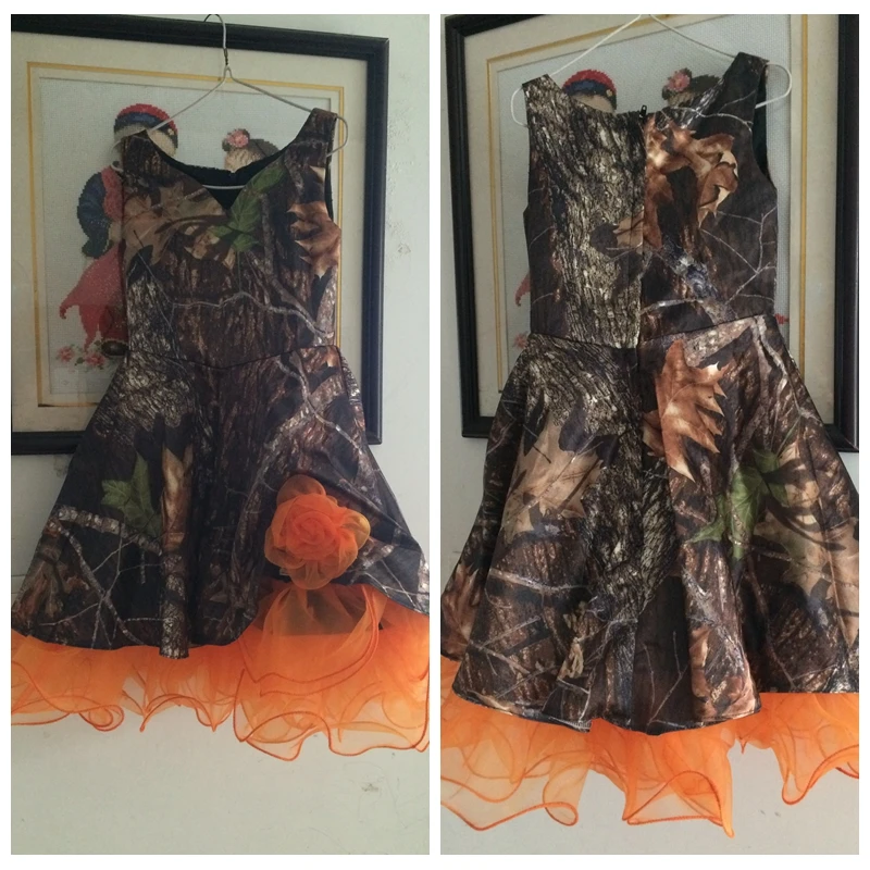 

Real Pictures A-Line Brown Camo Short Flower Girl Dresses Flower Adorned Custom Sleeveless Kids Formal Party Gowns Cheap