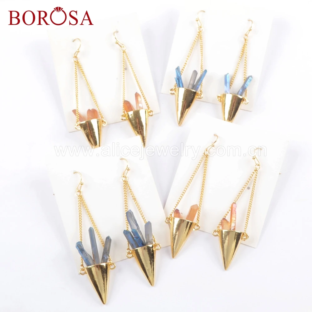 

BOROSA 10Pairs Stylish Gold Color Rainbow Crystal Point Earrings Drusy Dangle/Drop Earrings Jewelry Mixed for Women WX1059